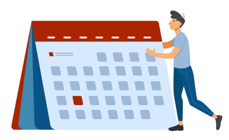 Auf dem Bild ist ein Kalender zu sehen, bei dem ein Kästchen stellvertretend für ein Datum rot markiert ist. Neben dem Kalender ist eine Person abgebildet, die den Kalender festhält.
