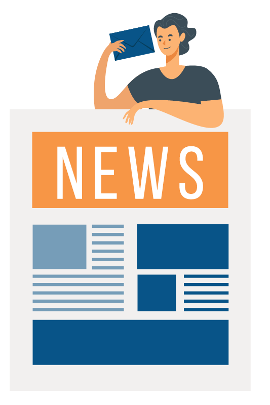 In der Grafik ist eine Person abgebildet, die einen Brief in der Hand hält. Unter der Person ist grafisch eine Zeitung abgebildet, die die Überschrift News hat.